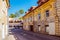 Vilnius, Lithuania - May 10, 2018: Small empty street in Uzupis, Vilnius old town, Lithuania.