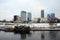 Vilnius winter panorama with skyscrapers on Neris river board