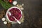 Vinaigrette with herbs in a white bowl on a dark background. Beetroot salad. Russian traditional dish. View from above. Vegetarian