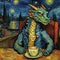 Vincent Van Gogh Dragon Painting Midnight Cafe Chill Starry Night Brushstroke Western Freestyle Paint Dinosaur Draw AI Art