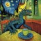 Vincent Van Gogh Dragon Painting Midnight Cafe Chill Starry Night Brushstroke Western Freestyle Paint Dinosaur Draw AI Art