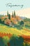 Vineyard farm village landscape flat colors poster.
