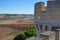 Vineyard landscape from Castle of Penafiel, Valladolid Province, Castile-Leon Spain. Castle tower
