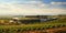 Vineyard landscape with a modern winery building on a hill under stunning sky. Rows of grapes. Generative AI