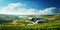 Vineyard landscape with a modern winery building on a hill under stunning sky. Rows of grapes. Generative AI