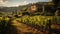 Vineyard landscape, rustic farmhouse, sunset, grape rows, Italian winemaking generated by AI