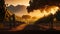 Vineyard with rows of trees and mountains at sunset