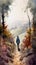 A Vineyard\\\'s Hidden Beauty: Watercolor Painting of a Traveler Strolling Through Grapes. Perfect for Wine Labels and Posters.