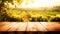 Vineyard in the sunlight with wooden tabletop for product display and presentation