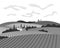 Vineyard wine grapes hills farm banner concept. Romantic rural vines plantation rows landscape with villa, fields