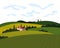 Vineyard wine grapes hills farm poster concept. Romantic rural landscape in sunny day with villa, vineyard fields