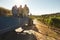 Vineyard worker on a wagon ride at farm