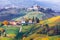 Vineyards and castles of Piemonte in autumn colors. North of Italy