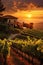 Vineyards with peas in the village at dawn. Generative AI,