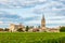 Vineyards of Saint Emilion, Bordeaux, Gironde, France. Medieval church in old town and rows of vine on a grape field