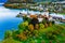 Vineyards with Spiez Castle in Spiez in the Bernese Oberland of Switzerland