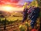 Vineyards at sunset, selected focus on ripe grapes