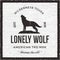 Vintage Adventure Card - Lonely wolf quote. Wilderness tours, american heritage logo. Retro hand drawn monochrome travel