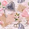 Vintage aged paper, flowers, hand written letters, keys, roses, pink textile hearts. Seamless background