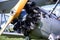 Vintage aircraft with radial engine and wooden propeller, close up of nose section