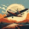 Vintage aircraft soaring through the sky with a scenic airport backdrop