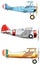 Vintage Airplanes. Design set. Old fashion blue red yellow army aircraft.