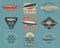 Vintage airship logo designs set. Retro Dirigible badges collection. Airplane Label vector design. Old airship design