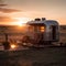 Vintage Airstream Trailer Parked in the Middle of a Sprawling Prairie Landscape with Sunset View