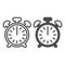 Vintage alarm clock with button, 12 pm, 12 am line and solid icon, time concept, timepiece vector sign on white
