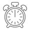 Vintage alarm clock with button, 12 pm, 12 am thin line icon, time concept, timepiece vector sign on white background