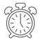 Vintage alarm clock with button, 5 pm, 5 am thin line icon, time concept, timepiece vector sign on white background