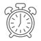 Vintage alarm clock with button, 7 pm, 7 am thin line icon, time concept, timepiece vector sign on white background