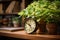 Vintage alarm clock and houseplant decorate rustic wooden tabletop
