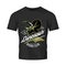 Vintage American furious dinosaur bikers club tee print vector design isolated on black t-shirt mockup.