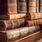 Vintage, antiquarian books pile on wooden surface in warm directional