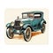 Vintage Antique Car Illustration In Dark Cyan And Beige