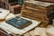 Vintage Antique Desk with Classic Leather bound Books and Historical Documents Display