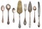 Vintage Antique silverware isolated on white background. Retro spoons, forks, knives, shovels for cake