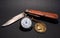 vintage antique swiss military pocket knife with pocket clock and soldier emplem white background world war 2