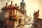 Vintage aquarelle painting of old city, creative digital illustration painting, vintage style