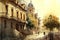 Vintage aquarelle painting of old city, digital illustration painting, retro style