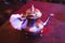 Vintage Arabian teapot at night close up