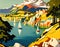 vintage art deco 1930s travel poster with yachts sailing in a lake in mountain european landscape