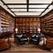 A vintage, Art Deco library with rich mahogany bookshelves, leather armchairs, and a rolling ladder1, Generative AI