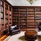 A vintage, Art Deco library with rich mahogany bookshelves, leather armchairs, and a rolling ladder5, Generative AI