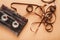 Vintage audio cassette on brown background