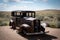 Vintage automobile parked on a desolate desert landscape