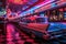 A vintage automobile sits gracefully inside a nostalgic diner, bathed in the vibrant glow of neon lights, A classic American diner