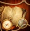 vintage background with compass, magnifying