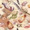 Vintage background with herbarium, exploring collection: feathers, sea shells, flowers, glass bottles. Retro design: old